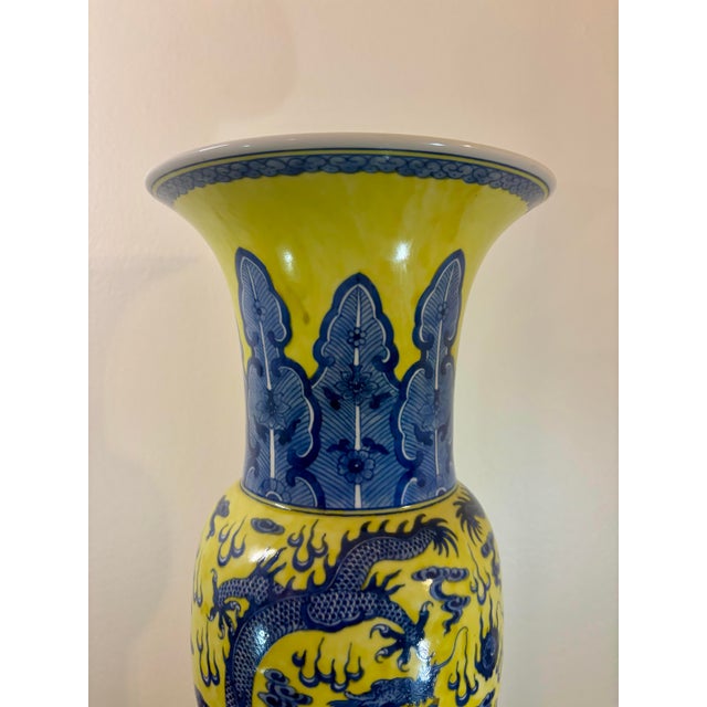 Yellow Vintage Chinese Yellow and Blue Dragon Porcelain Floor Vase, Hand Painted For Sale - Image 8 of 8