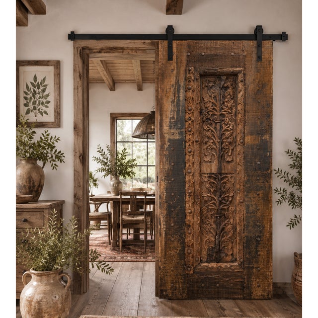 Antique Indian Teak Wood Door Panel With Hand-Carved Tree of Life For Sale - Image 9 of 9