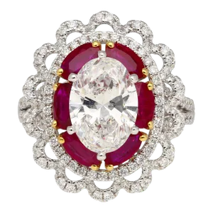 Gia Certified 2.8 Carat Oval Lab Diamond & Ruby Halo Floral 18k White Gold Ring Size 6