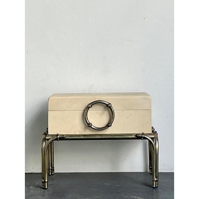 Vintage Brass and Parchment Box on Chrome Stand After Karl Springer For Sale - Image 9 of 13