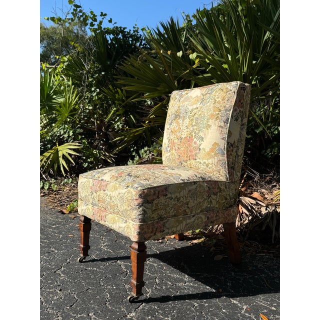 Vintage Floral Upholstered Slipper Chair | Armless Accent Chair With Carved Wood Legs For Sale - Image 10 of 11