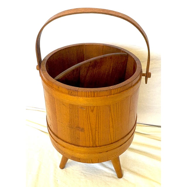 Brown Mid Century Primitive Natural Oak Wooden Firkin Bucket With Handle For Sale - Image 8 of 12