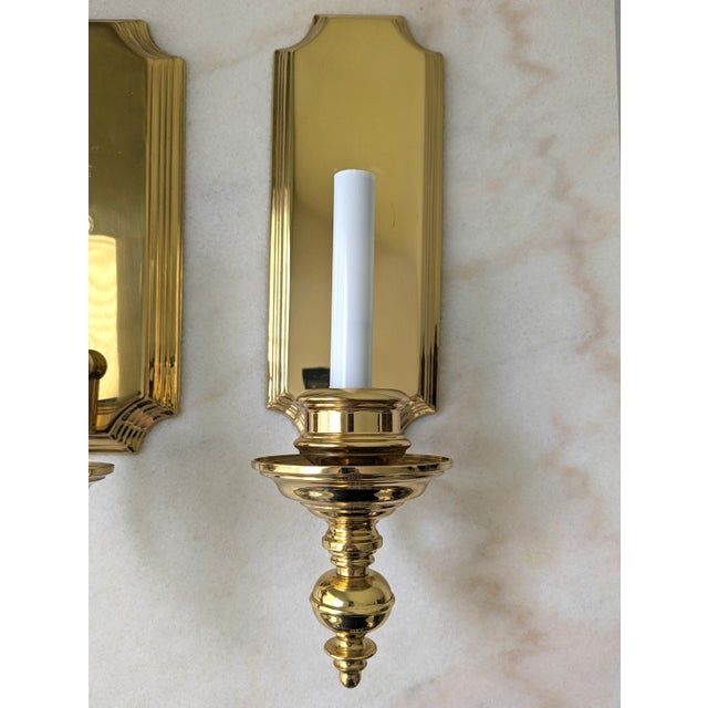 Early 21st Century Vintage Polished Brass Electric Candlestick Wall Sconces, a Pair For Sale - Image 5 of 7