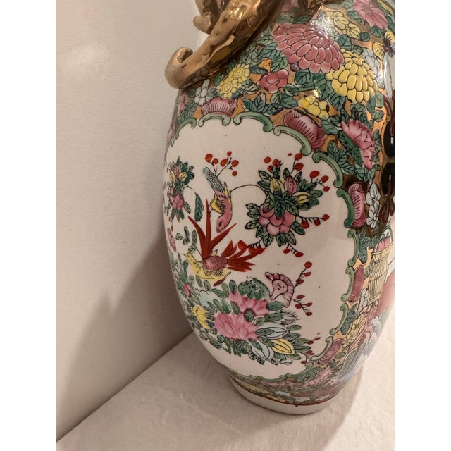 Vintage Famille Rose Moon Flask Vase With Gilt Dragon Handles For Sale - Image 11 of 12