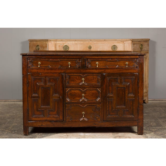 19th Century English 19th Century Oak Dresser Base with Geometric Front, Drawers and Doors For Sale - Image 5 of 12