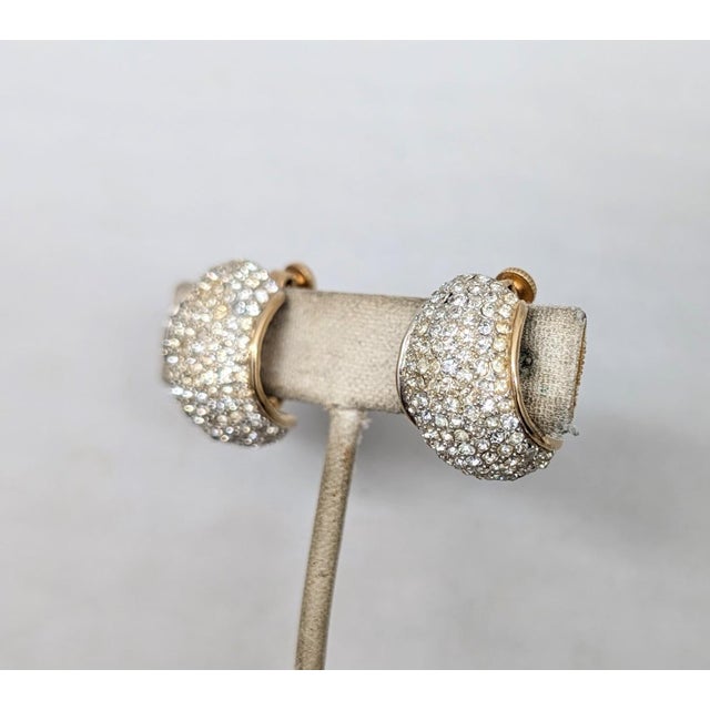 Metal Vintage 1960s Signed Vendome Goldtone Pavé Round Clear Rhinestone Half Hoop Clip Earrings-2 Pieces For Sale - Image 7 of 10