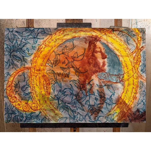 Contemporary Conjuring by Christopher Clark | Mixed media on wood panel woman with flowing hair and glowing background For Sale - Image 3 of 5