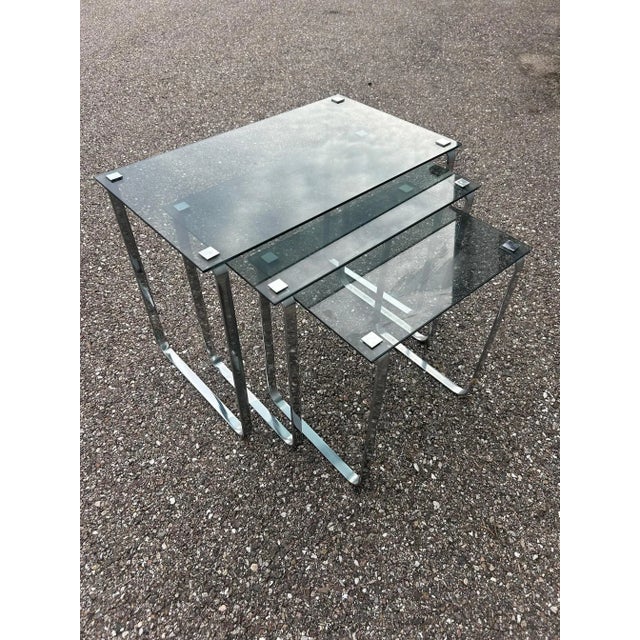 Blue Nesting Table in Glass and Chrome, 1970s, Set of 3 For Sale - Image 8 of 8