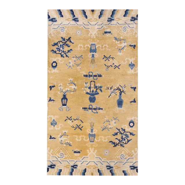 1870s Champagne Vase Qing Antique Chinese Ningxia Rug 3' X 5' Knotted Wool Carpet For Sale