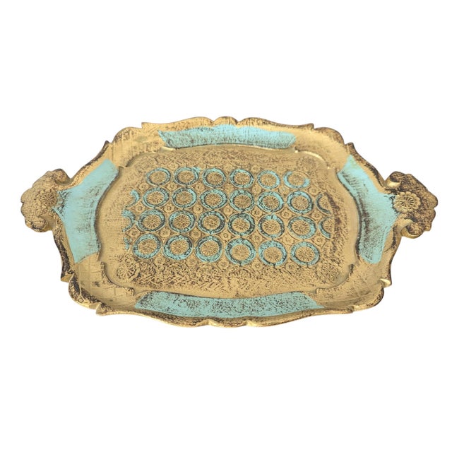 Vintage Florentine Gold and Turquoise Handled Tray The perfect size to display on your Vanity