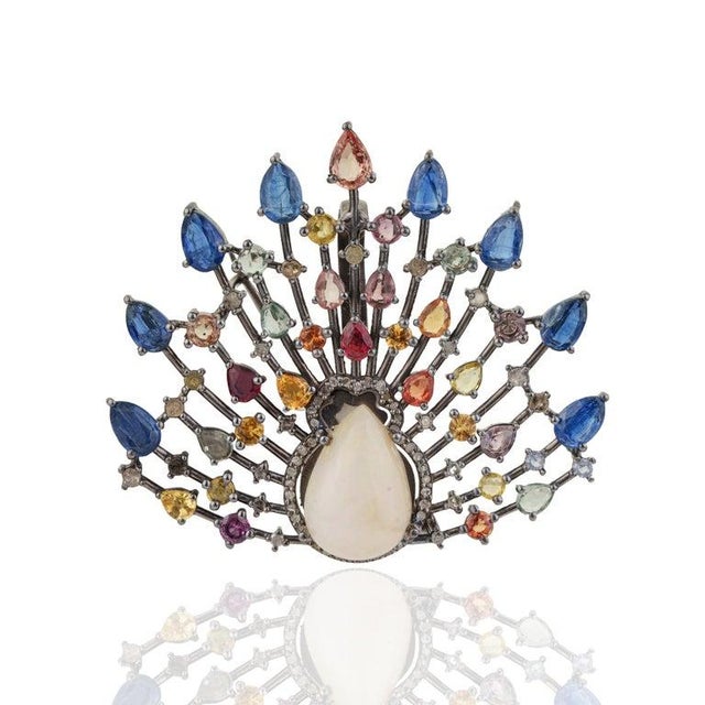 Celestial Fan Brooch Pendant With Opal, Sapphires & Diamonds For Sale - Image 6 of 12