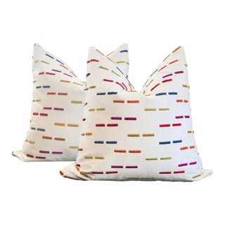 Brightly Colored Embroidered Pillows on White Canvas - a Pair For Sale