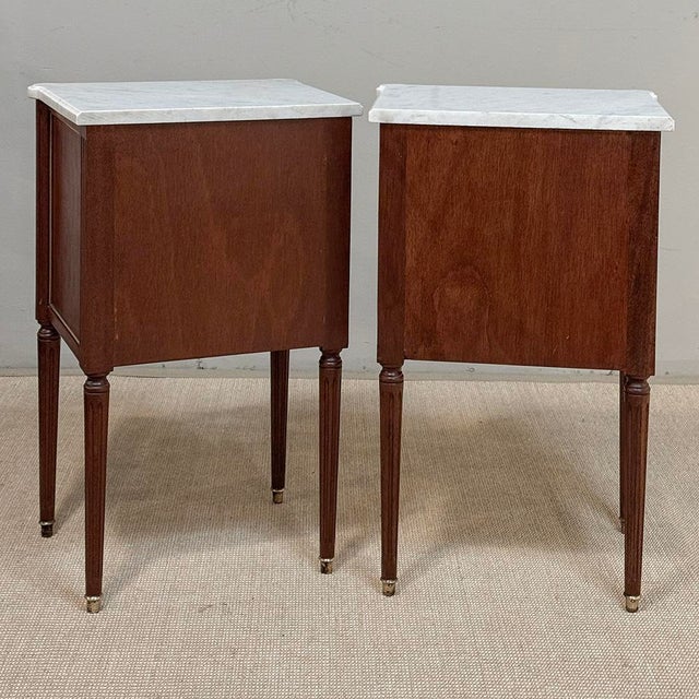 Pair Early 20th Century French Louis XVI Style Mahogany Marble Top Nightstands in the Manner of Maison Jansen For Sale - Image 18 of 18