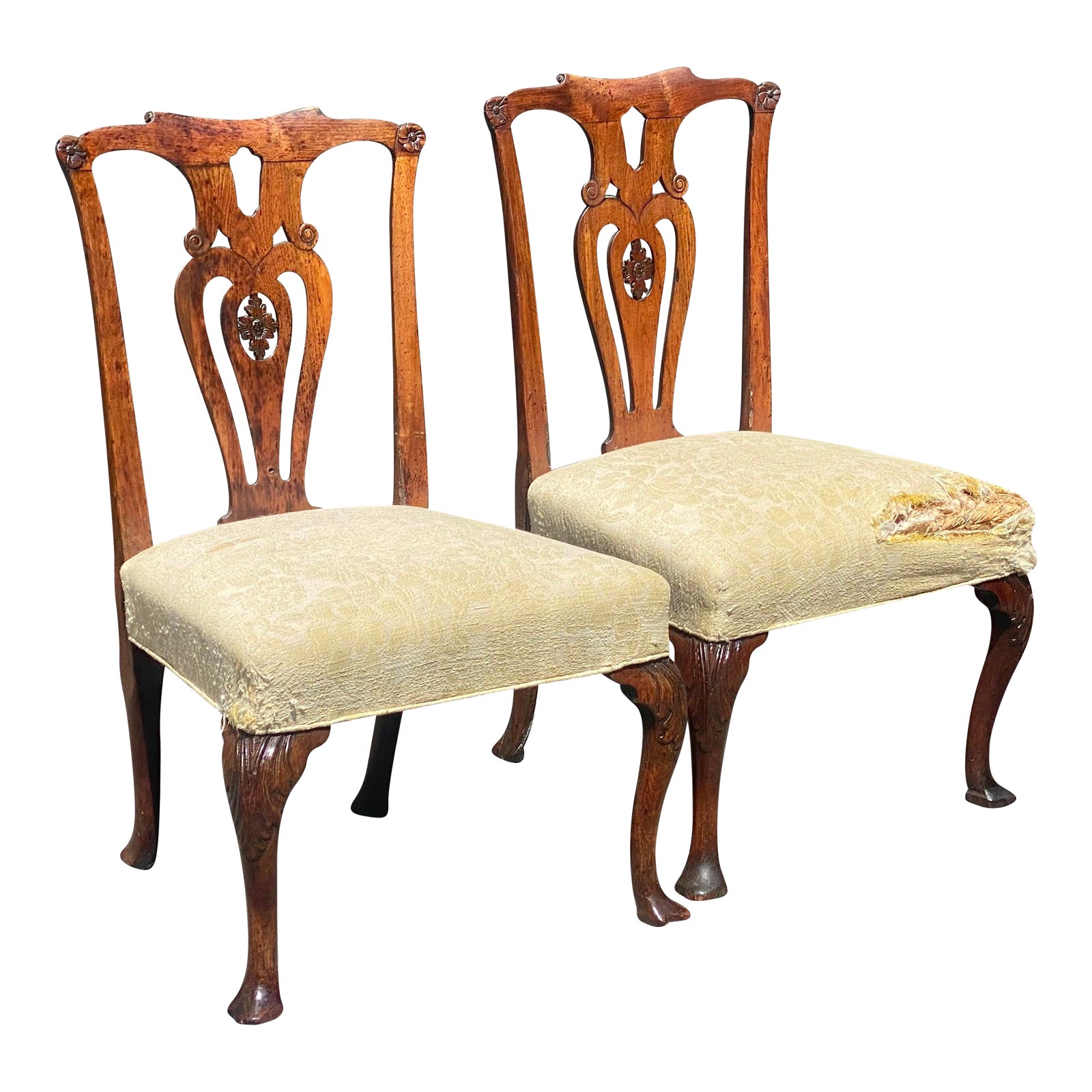 Antique Irish Walnut Side Chairs with Carved Splat & Trifid Feet a