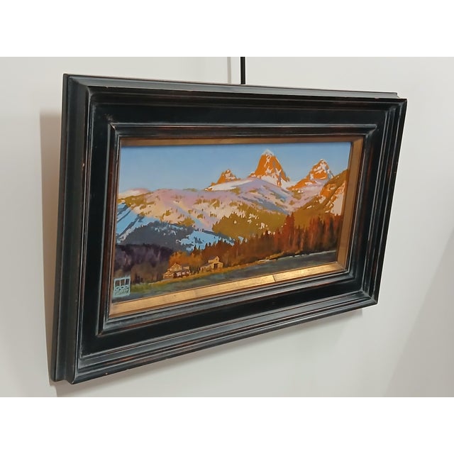 Oil painting on board in wooden frame by Allen Brockbank. Depicts a beautiful sunset landscape. Piece is titled "Sunset...