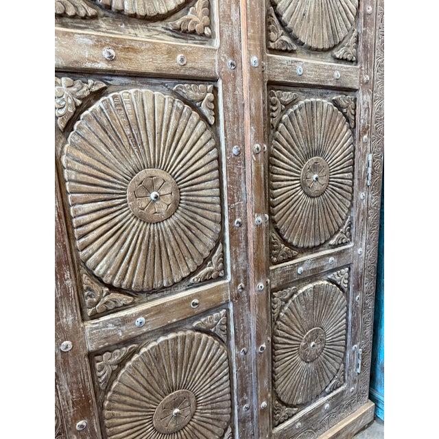 Antique Sunburst Carved Cabinet – Vintage White Distressed Armoire Wardrobe For Sale - Image 10 of 11
