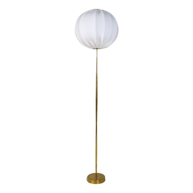 Mid-Century Asea Brass Floor Lamp with Round Cotton Shade, Sweden, 1960s For Sale