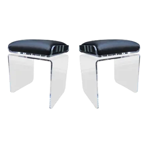 1970s Charles Hollis Jones Waterfall Line Lucite & Vinyl Swivel Benches - A Pair
