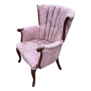 Vintage Pink Floral Channel Back Upholstered Chair For Sale