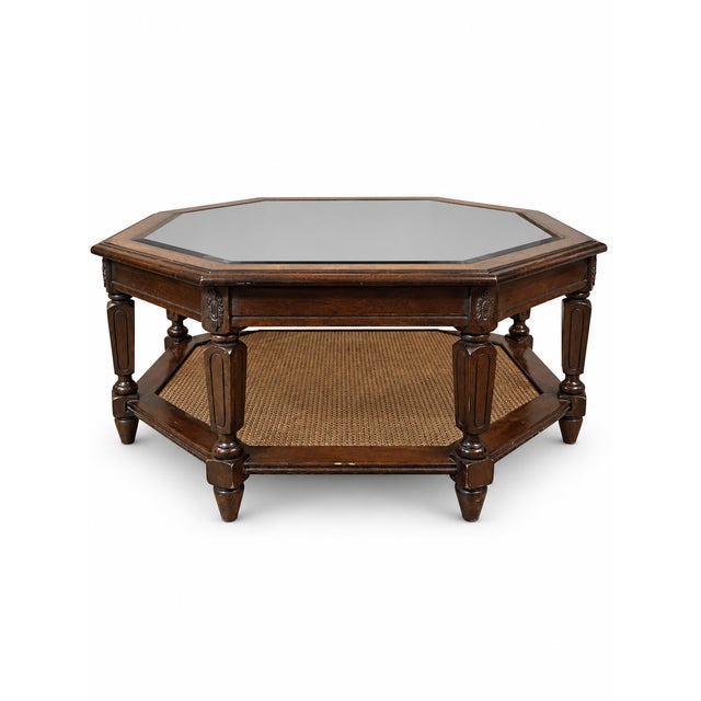 Vintage Hexagonal Wood, Smoked Glass and Cane Coffee Table For Sale - Image 10 of 10