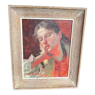 1900s Joso Buzan Girl Resting on Hand Portrait Oil Painting For Sale