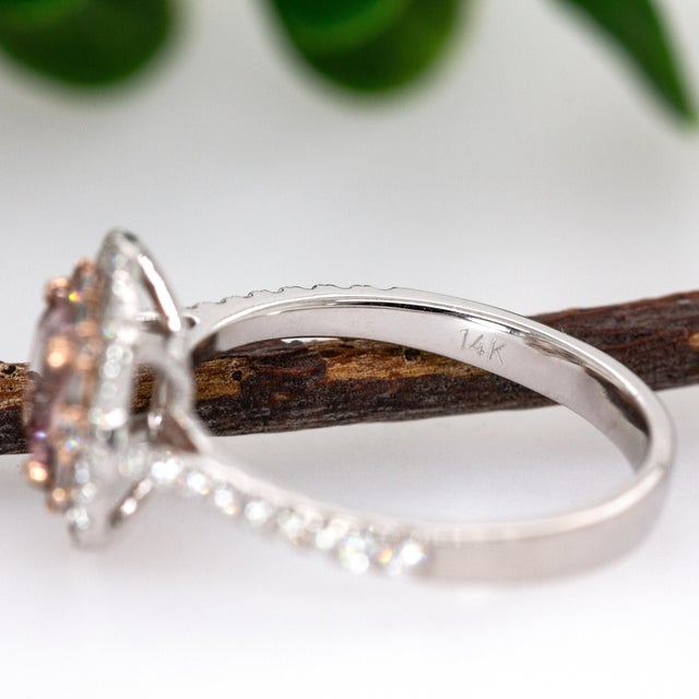 Pink Cor De Rosa Morganite Double Diamond Halo Ring in Solid 14k Gold | Cu 6mm, Size 6.75 For Sale - Image 8 of 8