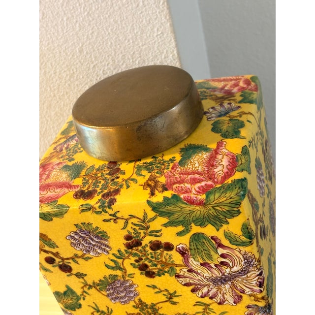 Vintage Set of 2 Large Yellow Gold Paw Footed Garden Urn Jars Brass Caps For Sale - Image 10 of 18