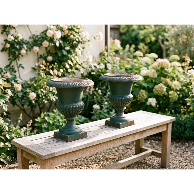 A pair of French green painted cast iron Medici style garden urn planters with green painted patina. Cast in two parts...