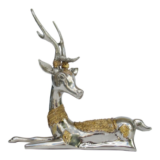 Vintage C.1970's Asian (Thailand) Nickel Plate and Gilt Gold Embellished Antler Reindeer For Sale