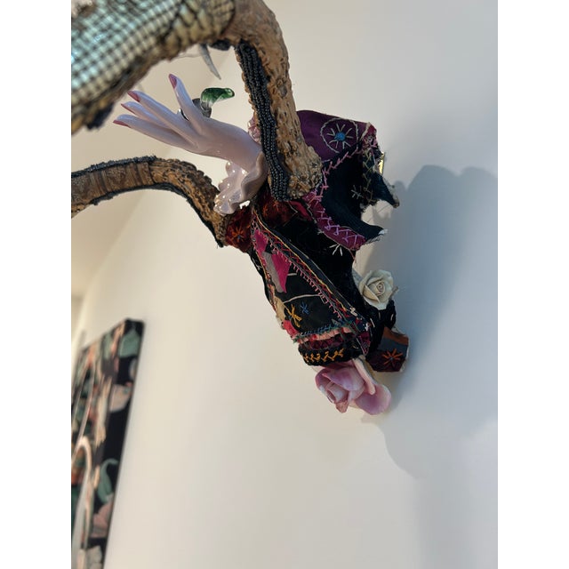 Skull Wall Sculpture With Crazy Quilt and Vintage Media For Sale In Philadelphia - Image 6 of 9