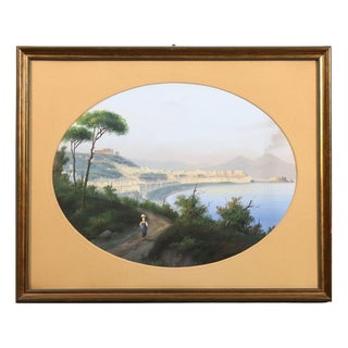 View of Naples, Gouache on Cardboard, Framed For Sale