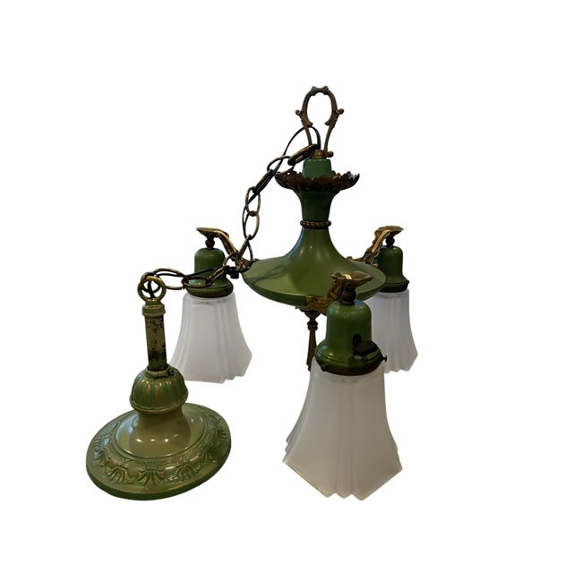Bottle Green Antique Art Deco Brass Pan 3 Light Chandelier Ceiling Light 1920s Green & Gold For Sale - Image 8 of 12