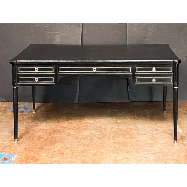 French Ebonized Writing Table or Desk With Embossed Leather Top With Side Leaves For Sale - Image 9 of 11