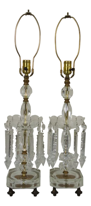2 Hollywood Regency Footed Drop Crystal Luster Candlestick Table Lamps 22"