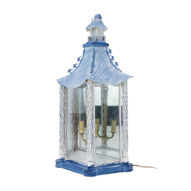Early 21st Century A Pair of Vintage Brighton Blue and White Chinese-Style Pagoda Wall Lamps For Sale - Image 5 of 17