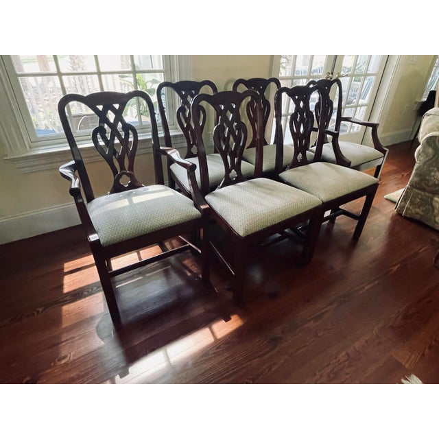 These elegant Baker Furniture pretzel-back dining chairs are crafted with solid mahogany. Known for the elegant curved...