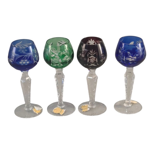 Vintage Bohemian Cut Glass Multi Color Set of 4 Cordial Glasses For Sale