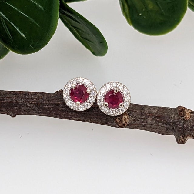 Pretty Ruby Studs With Natural Diamond Halo: Solid 14k Gold, Round 3.3mm, Pair For Sale In Columbus - Image 6 of 8