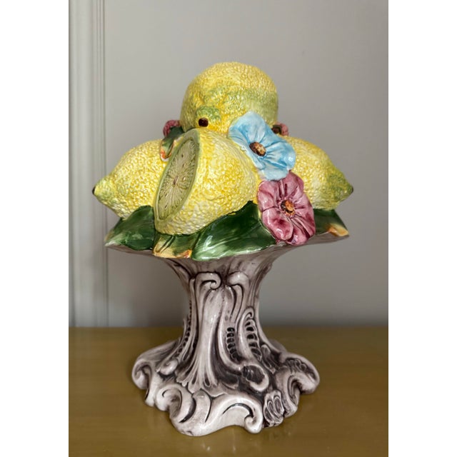 Vintage Italian Hand Painted Centerpiece Majolica Lemon Pedestal For Sale - Image 4 of 9