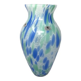 Vintage Maestri Vetrai Murano Style Blue Green Macchie Pattern Art Blown Glass Vase For Sale