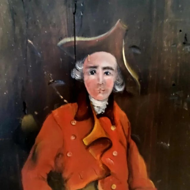Vintage oil painting of Colonial Man on wood signed by artist Swart. Finely painted details on face and attire. Lovely...