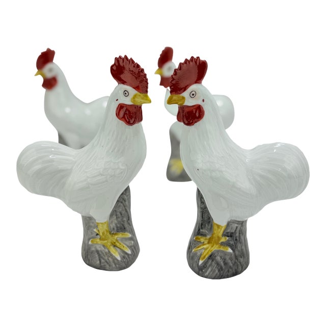 Set of 4, Chinese Export Style Porcelain Rooster Figures, Mid-20th C For Sale
