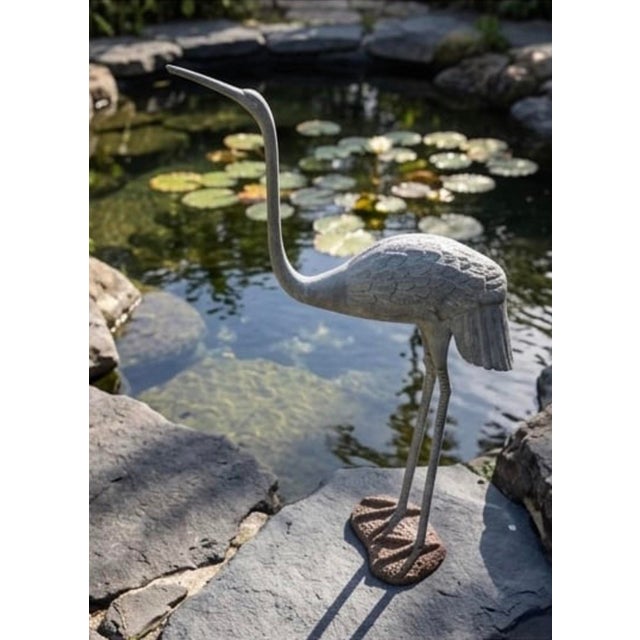 Light Gray Vintage Cast Iron Crane Garden Statue For Sale - Image 8 of 12