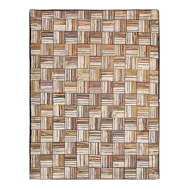 1880s Multi Brown Checkerboard Folk Art Antique American Hooked Rug 5'8" X 7'5" Hand Knotted Wool Carpet For Sale