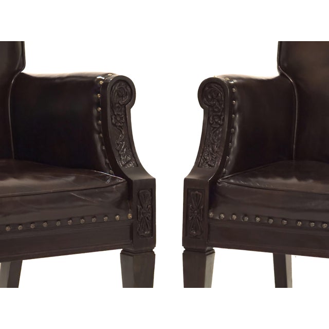 Gothic Pair, Hand-Carved Romweber Leather Chairs Made in the Usa For Sale - Image 3 of 10