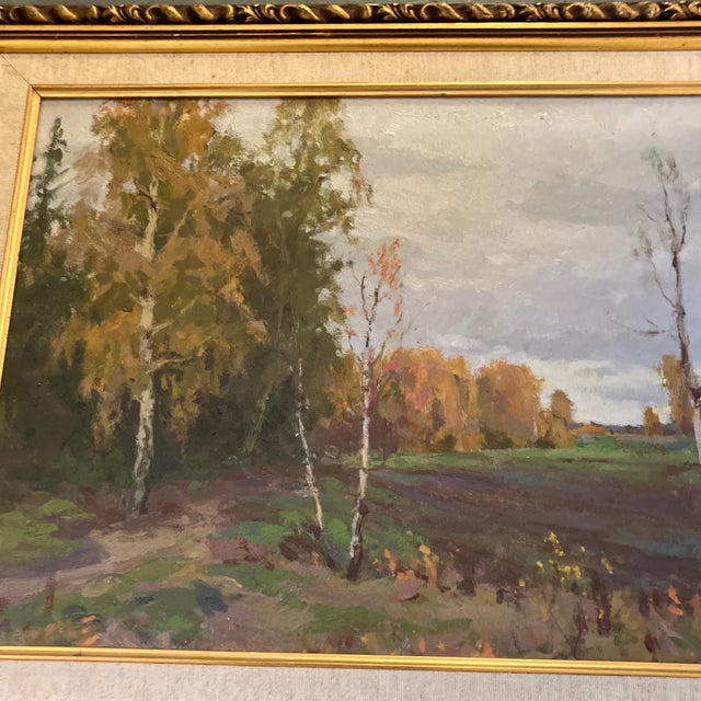 Original 12 x 15 painting on artist board unsigned Overall size with vintage frame with linen liner is 15 x 19