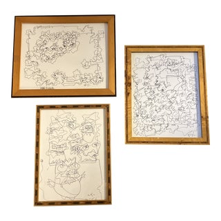 1980’s Gallery Wall Original Wayne Cunningham Abstract Ink Drawings Vintage Frames-Set of 3 For Sale