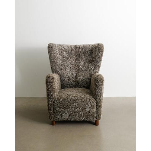 Fritz Hansen Danish Mid-Century High Wingback Armchair in Sheepskin from Fritz Hansen Denmark, 1940s For Sale - Image 4 of 7