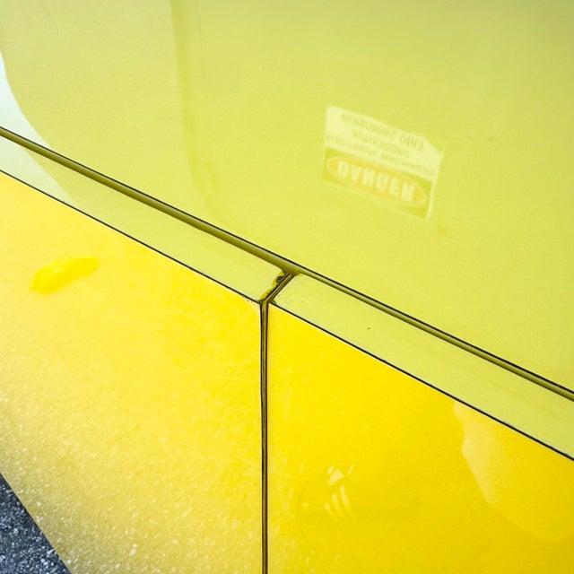 Yellow Postmodern Yellow Gloss Laminate Waterfall Cabinet With Gold Accents For Sale - Image 8 of 9