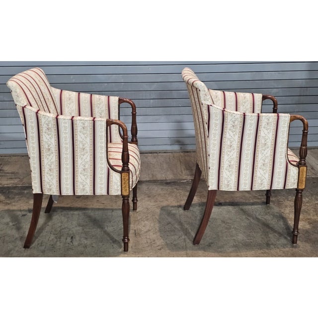 Wood Late 20th Century Pair of Southwood Sheraton Tub Arm Chair Mahogany Frame Burl Maple Inlays Silk Fabric For Sale - Image 7 of 12